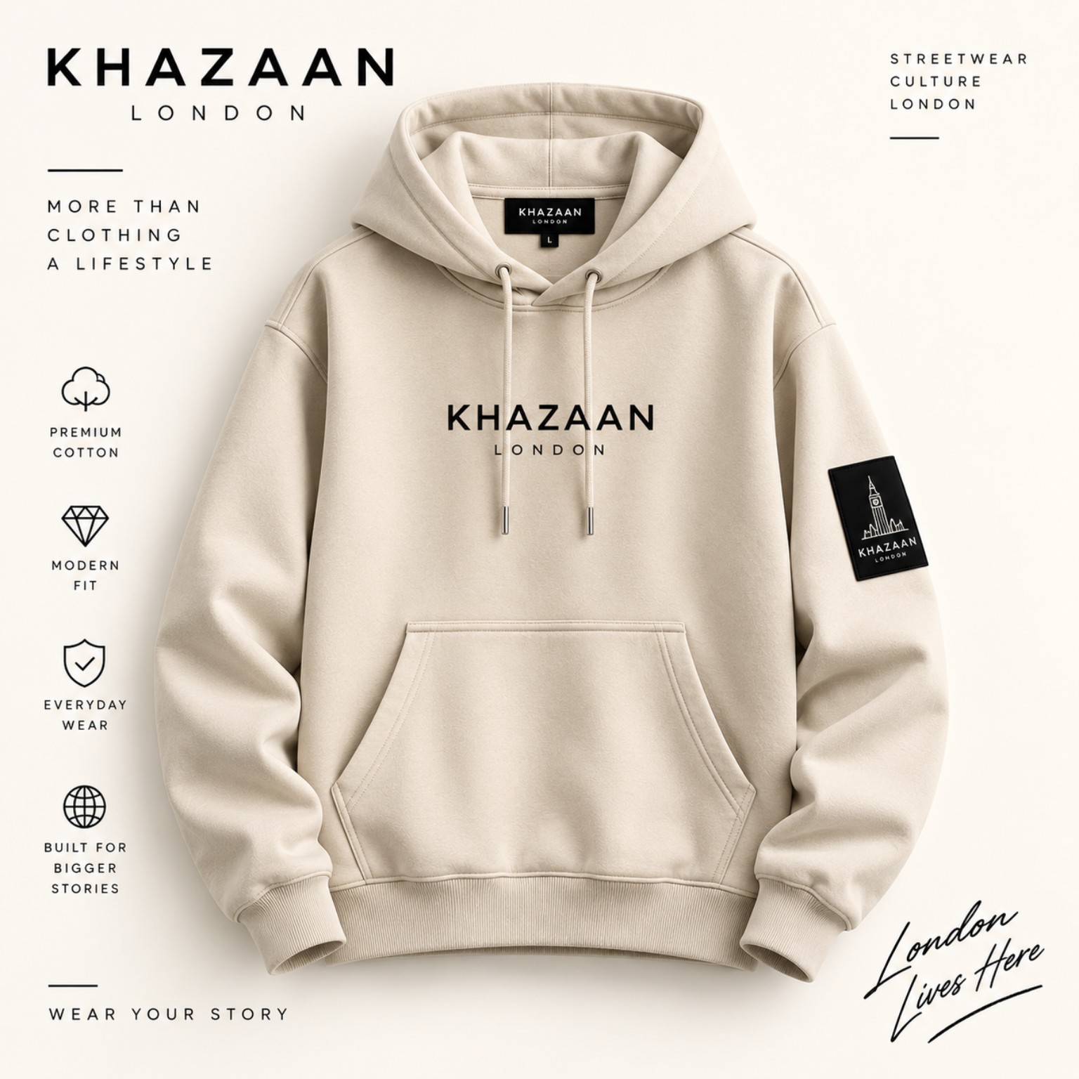 Khazaan London off-white heavyweight hoodie